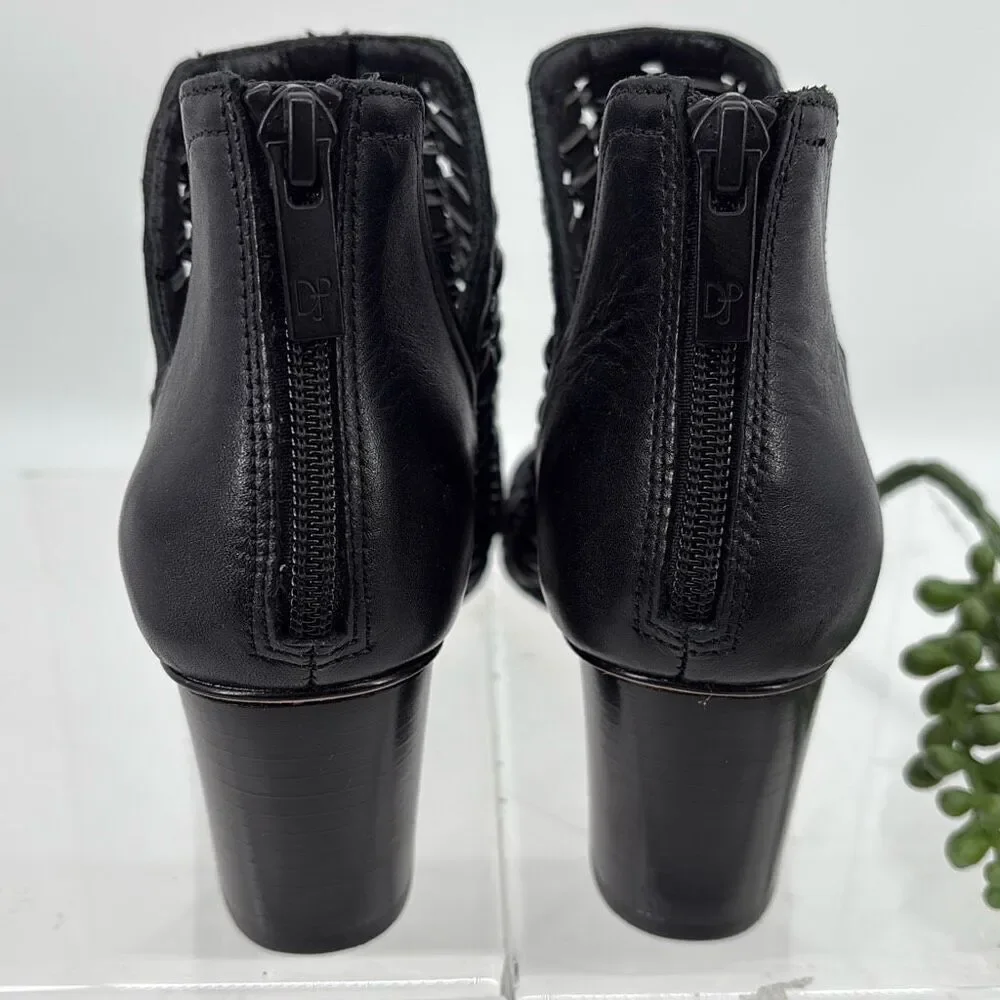 New Donald J Pliner Women's JACQI‎ Woven Wedge Peep Toe Zip Bootie Black 6